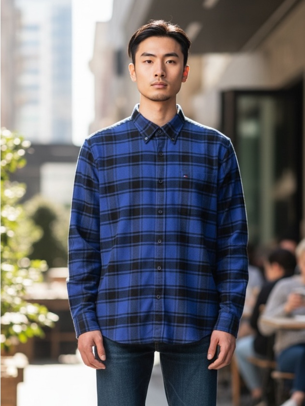 Tommy Hilfiger Men's L Long Sleeve Button Flannel Shirt Blue‎ Plaid NWT